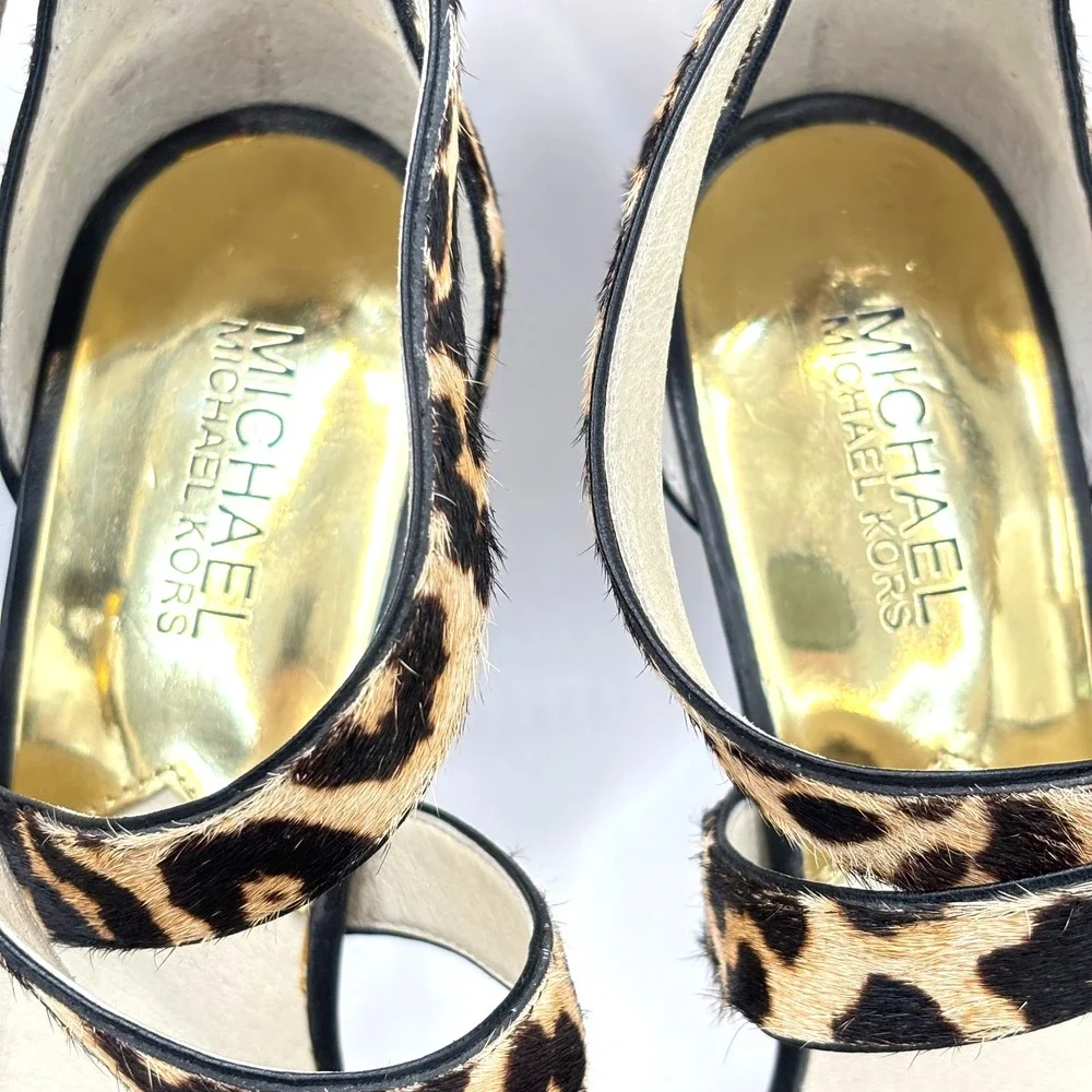 Michael Kors Women Leopard Print Calf Hair Platform Stiletto Sandals Brown Black